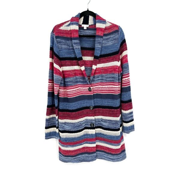 J. JILL Red White Blue Linen Knit Stripe Button Up Long Cardigan Sweater Medium - Picture 1 of 6